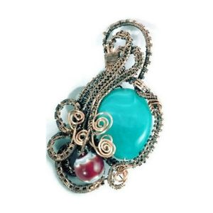 Handmade Copper and Teal Wire Wrapped Pendant